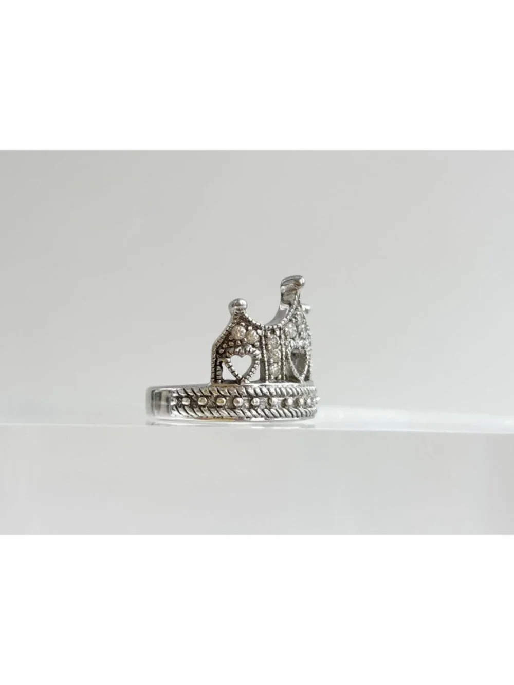 Crown Shaped Milgrain CZ Stone Beaded Sterling Silver 925 Vintage Ring - sz 6